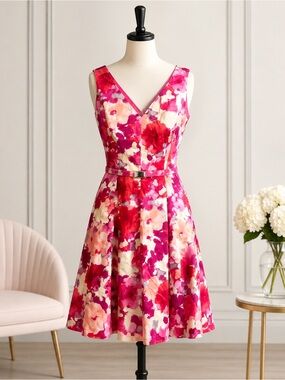 Jones New York Size 16 NWT Pink Floral Fit & Flare Dress Belted Sleeveless